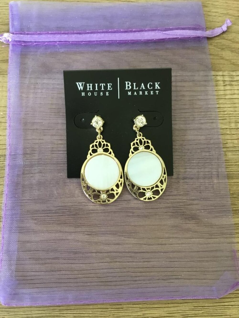White House Black Market White Mother of Pearl Drop Earrings with Bling Stud NWT